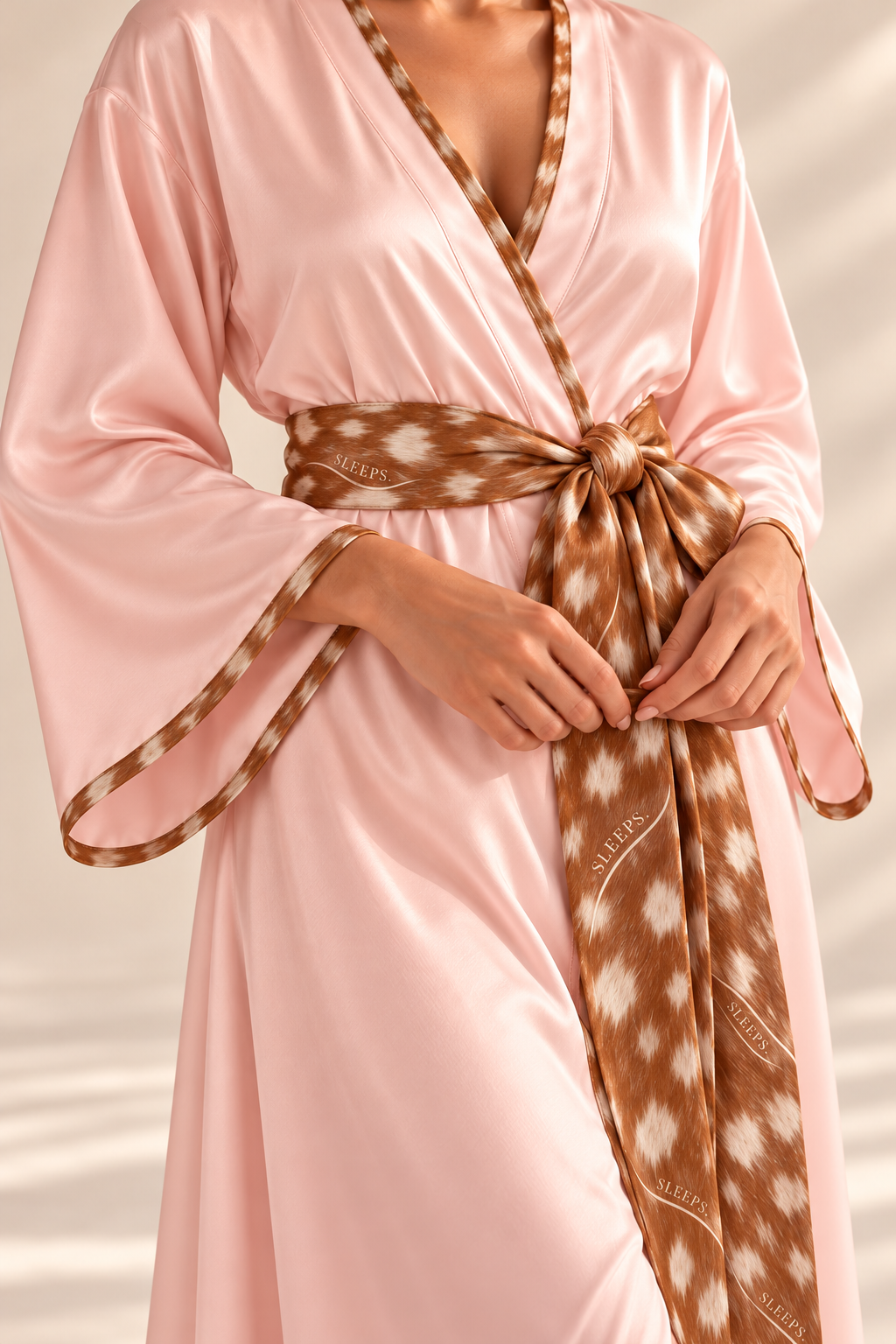 Silk robe sleeve piping and Bambi Print belt detail
