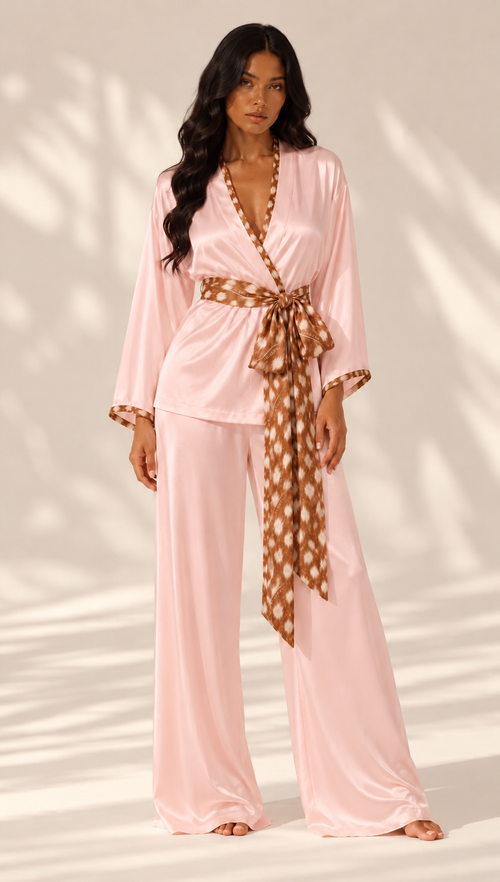 Dappled Grace blush pink silk pajama set by sleeps, with a wrap-style top, fawn-print belt and wide-leg trousers.