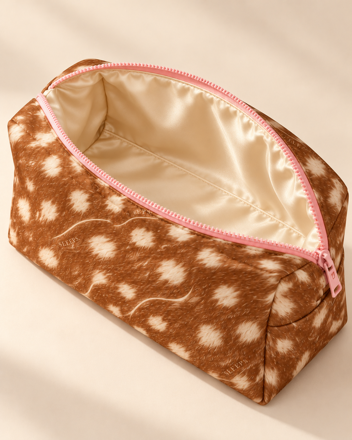 Dear Fawn skincare pouch, pink zip and cream silk lining detail