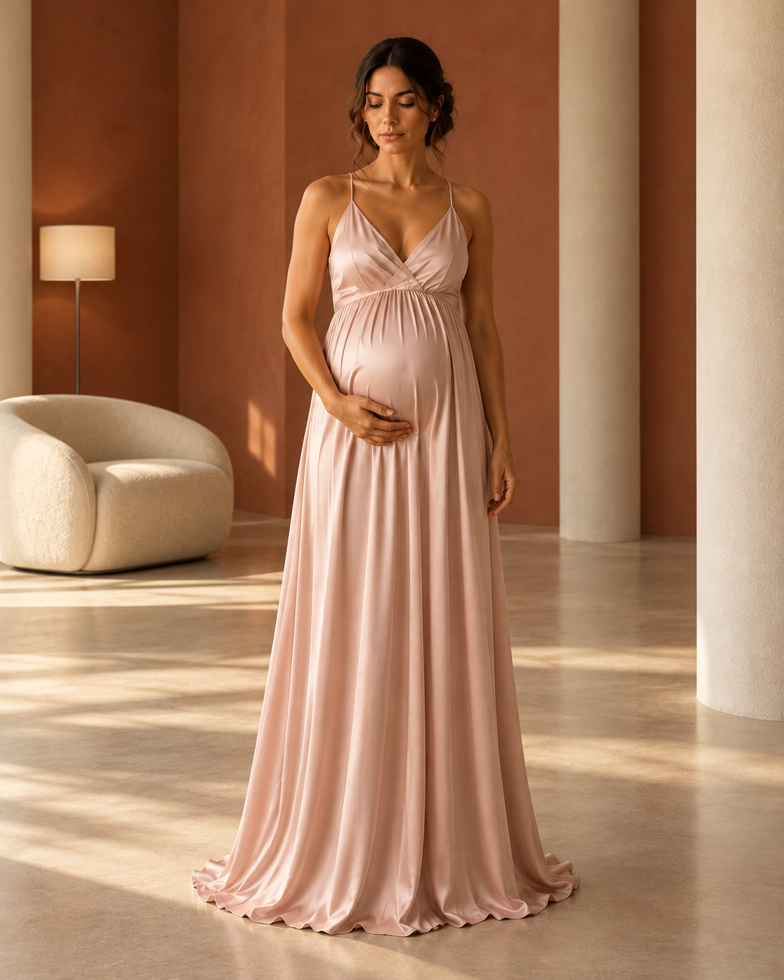 Blush Nuit Èclosion — model wearing the garment in the sleeps. terracotta interior