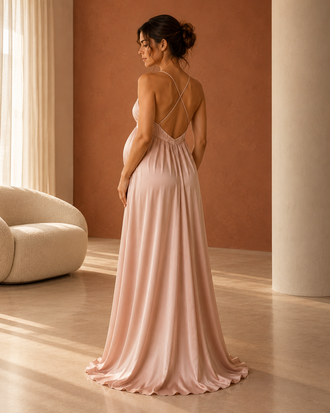 Blush Nuit Èclosion — model wearing the garment in the sleeps. terracotta interior
