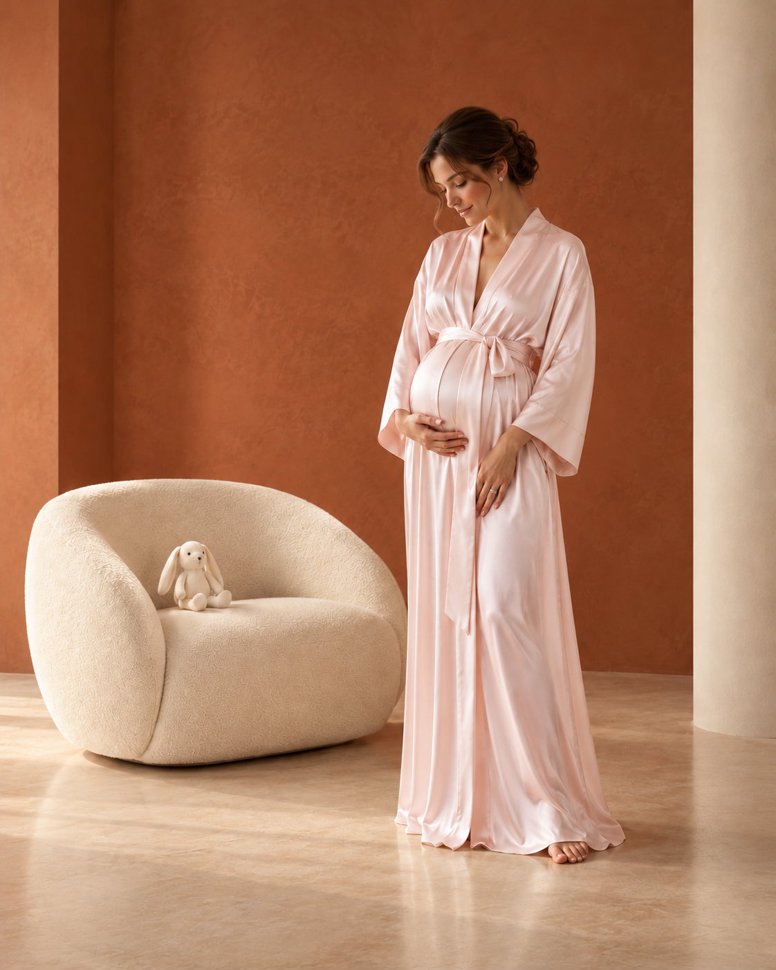 Blush Nuit Ètreinte Set — model wearing the garment in the sleeps. terracotta interior