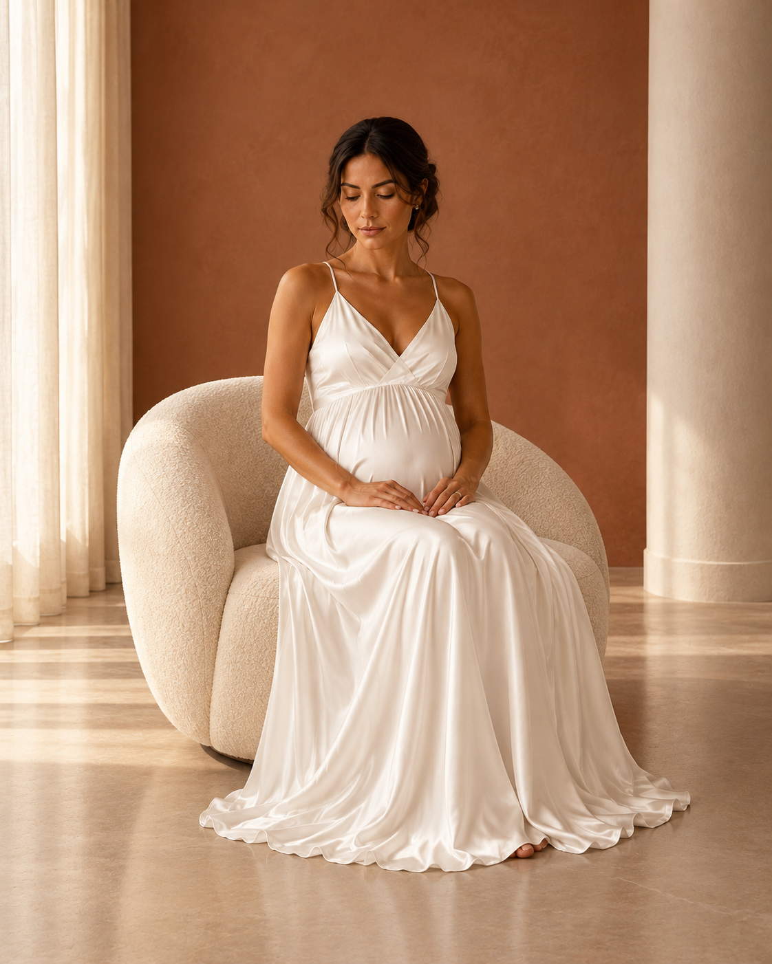 Pearl Èclosion — model wearing the garment in the sleeps. terracotta interior