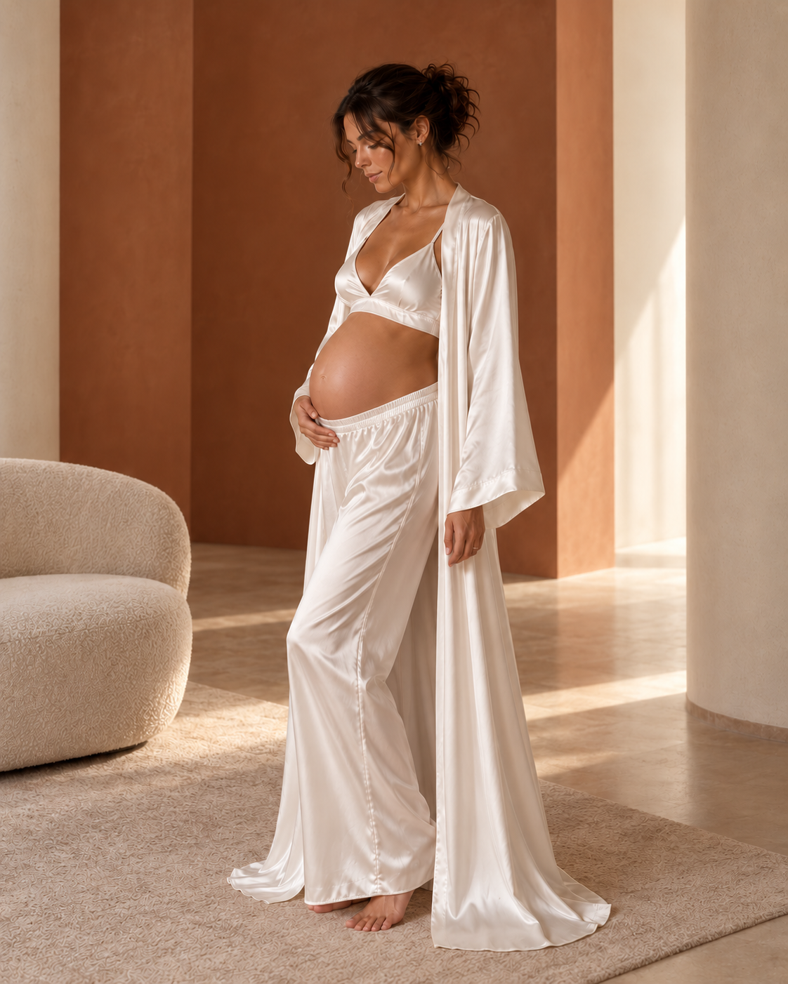 Pearl Ètreinte Set — model wearing the garment in the sleeps. terracotta interior