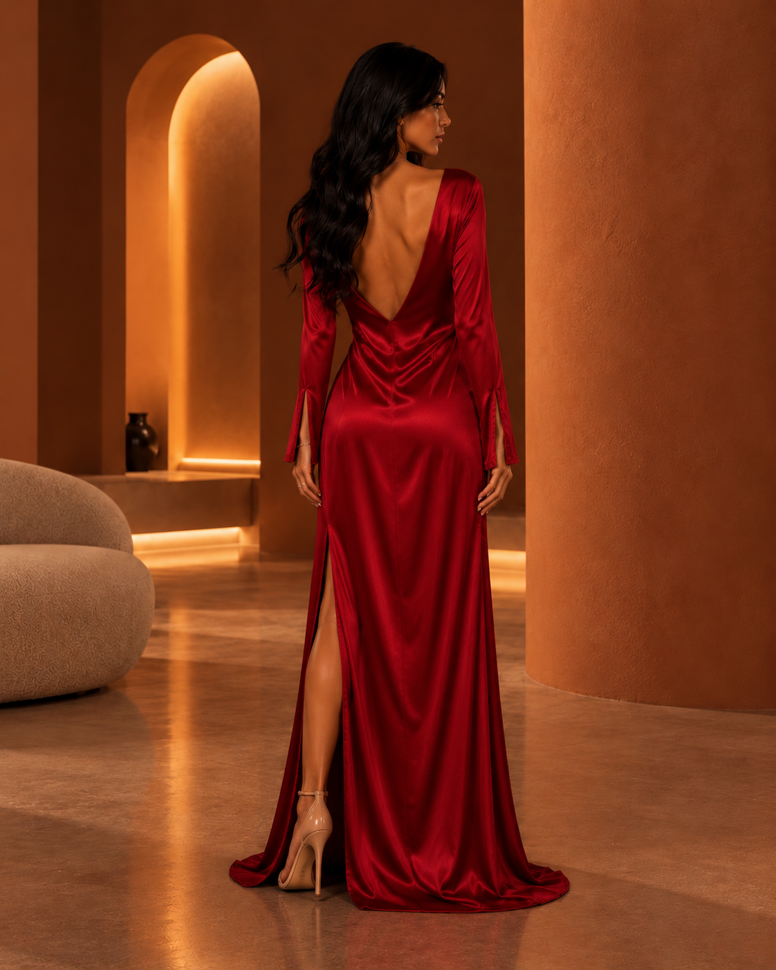 Rouge Allure Dress — model wearing the garment in the sleeps. terracotta interior